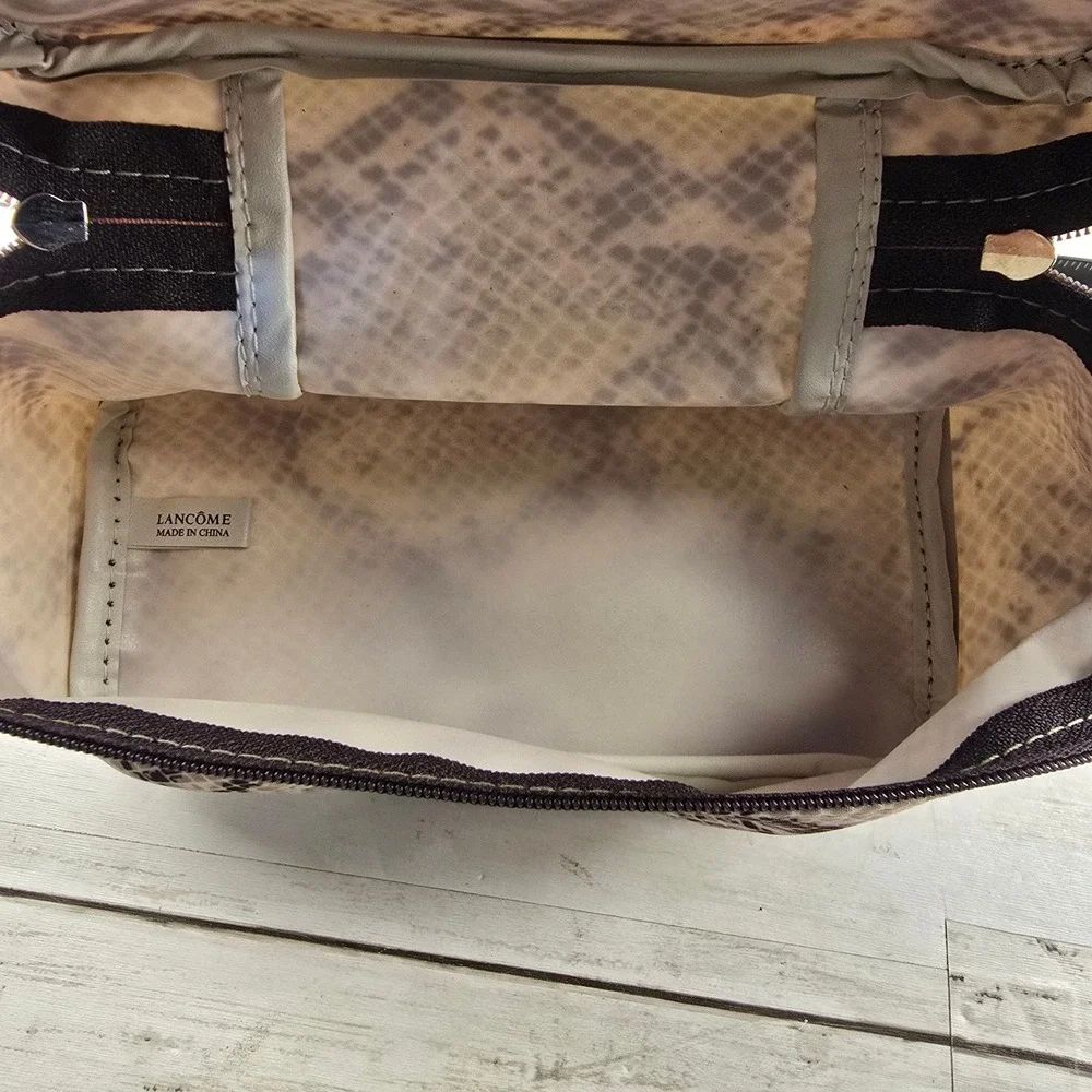 Lancome Cosmetic Bag 3pc Pink Plaid Snakeskin Giraffe Faux Fur Makeup Pouches